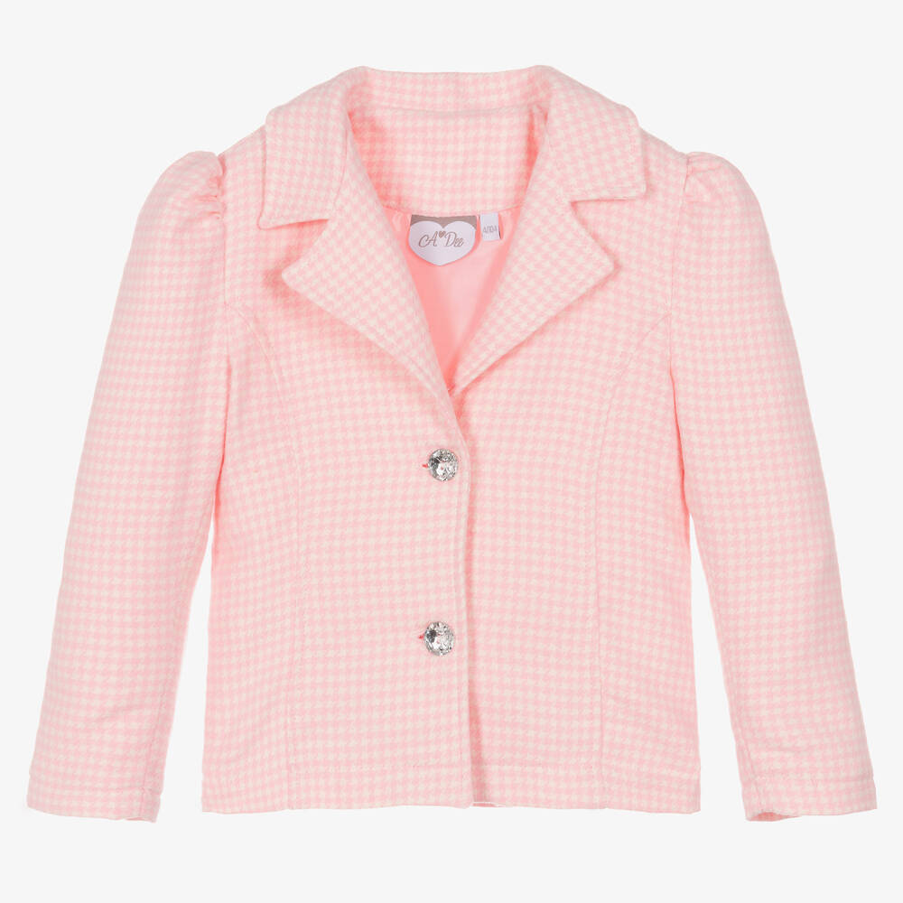 A Dee - Girls Pink Cotton Houndstooth Blazer | Childrensalon