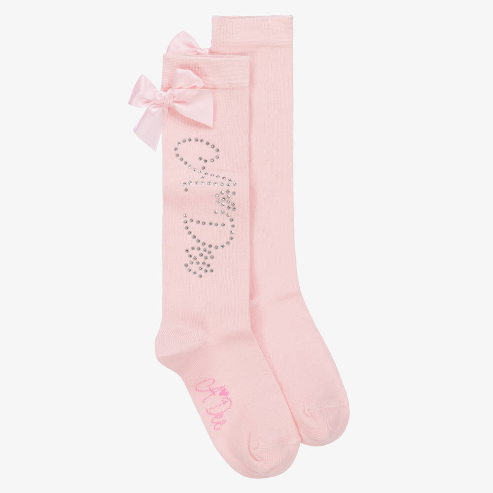 A Dee - Girls Pink Cotton Knee High Diamanté Socks | Childrensalon