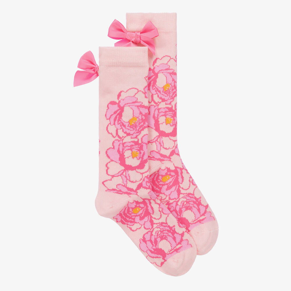 A Dee - Girls Pink Cotton Knee High Floral Socks | Childrensalon