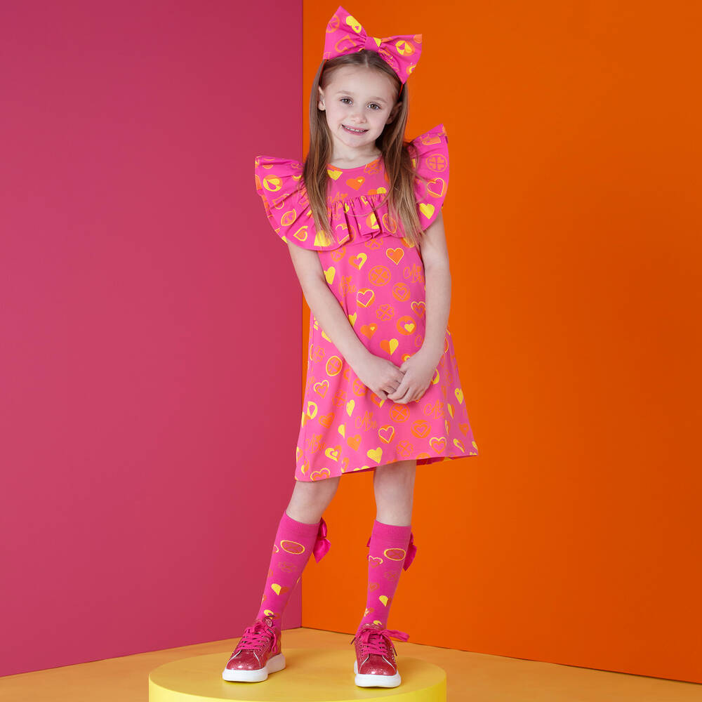 A Dee-فستان بطبعة قلوب قطن لون زهري مزين بكشكش | Childrensalon Outlet