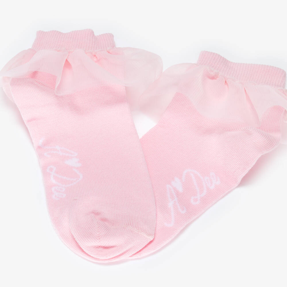 A Dee-Girls Pink Cotton Socks with Tulle Ruffle Trim | Childrensalon Outlet
