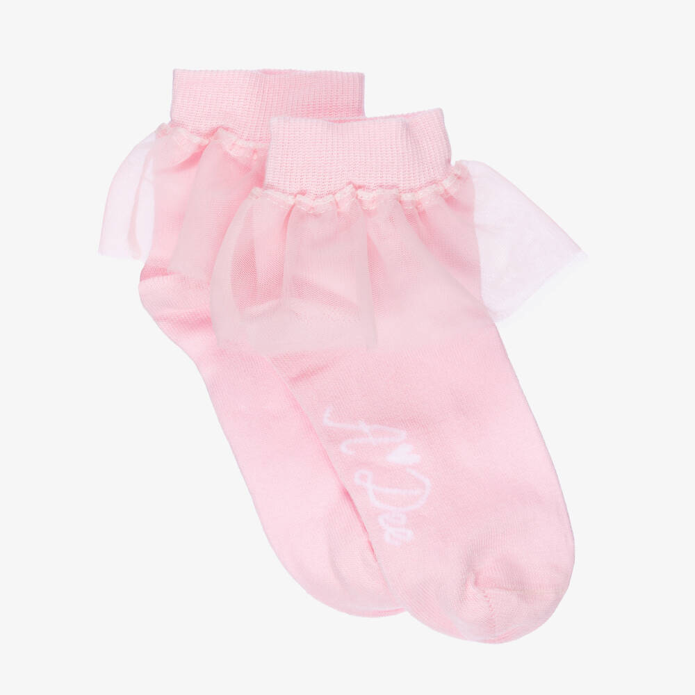 A Dee-Girls Pink Cotton Socks with Tulle Ruffle Trim | Childrensalon Outlet