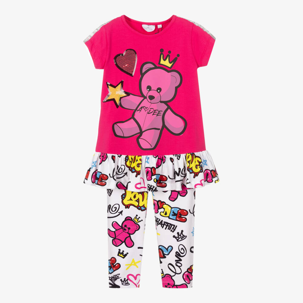 A Dee-Girls Pink Cotton Teddy Bear Leggings Set | Childrensalon Outlet