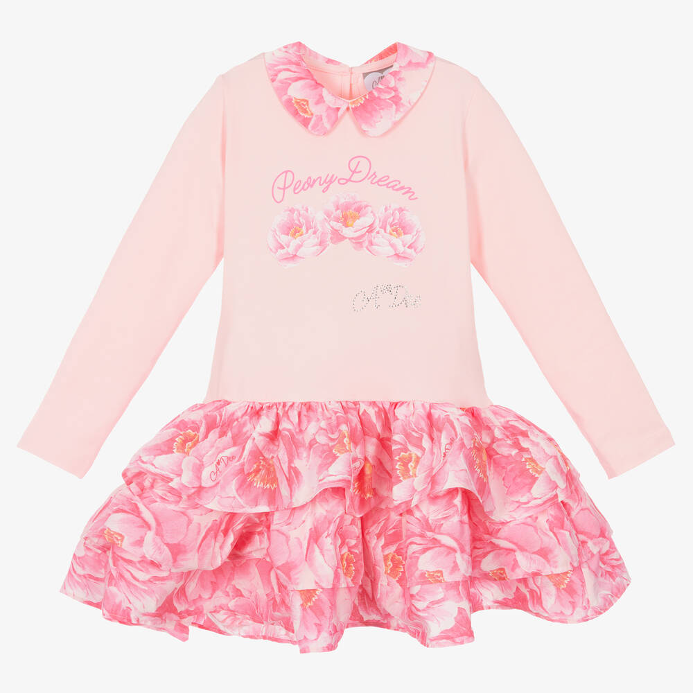 A Dee - Girls Pink Cotton Tiered Dress | Childrensalon