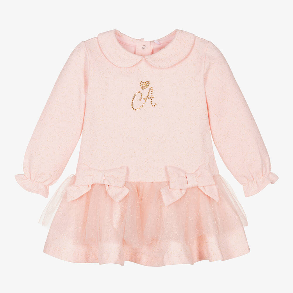 A Dee - Girls Pink Cotton Tulle & Bow Dress | Childrensalon