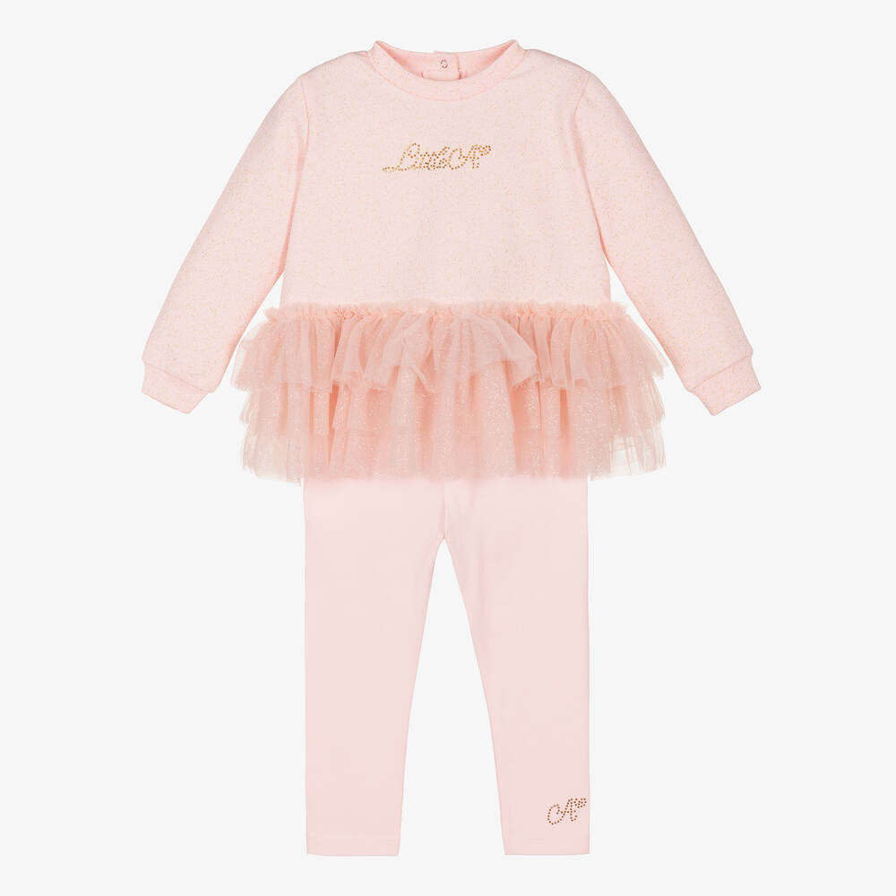 A Dee - Girls Pink Cotton & Tulle Leggings Set | Childrensalon