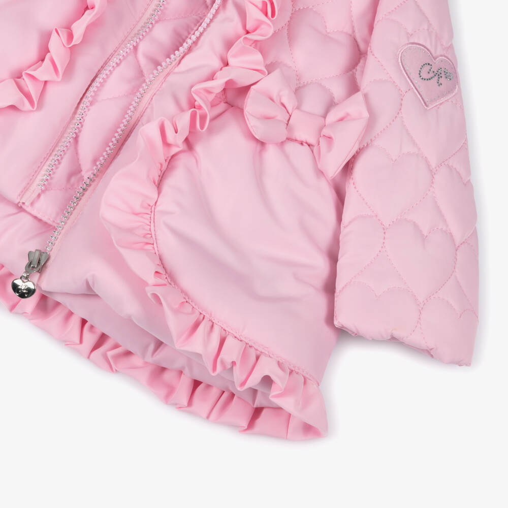 A Dee-Girls Pink Hooded Puffer Coat with Ruffles & Hearts | Childrensalon Outlet