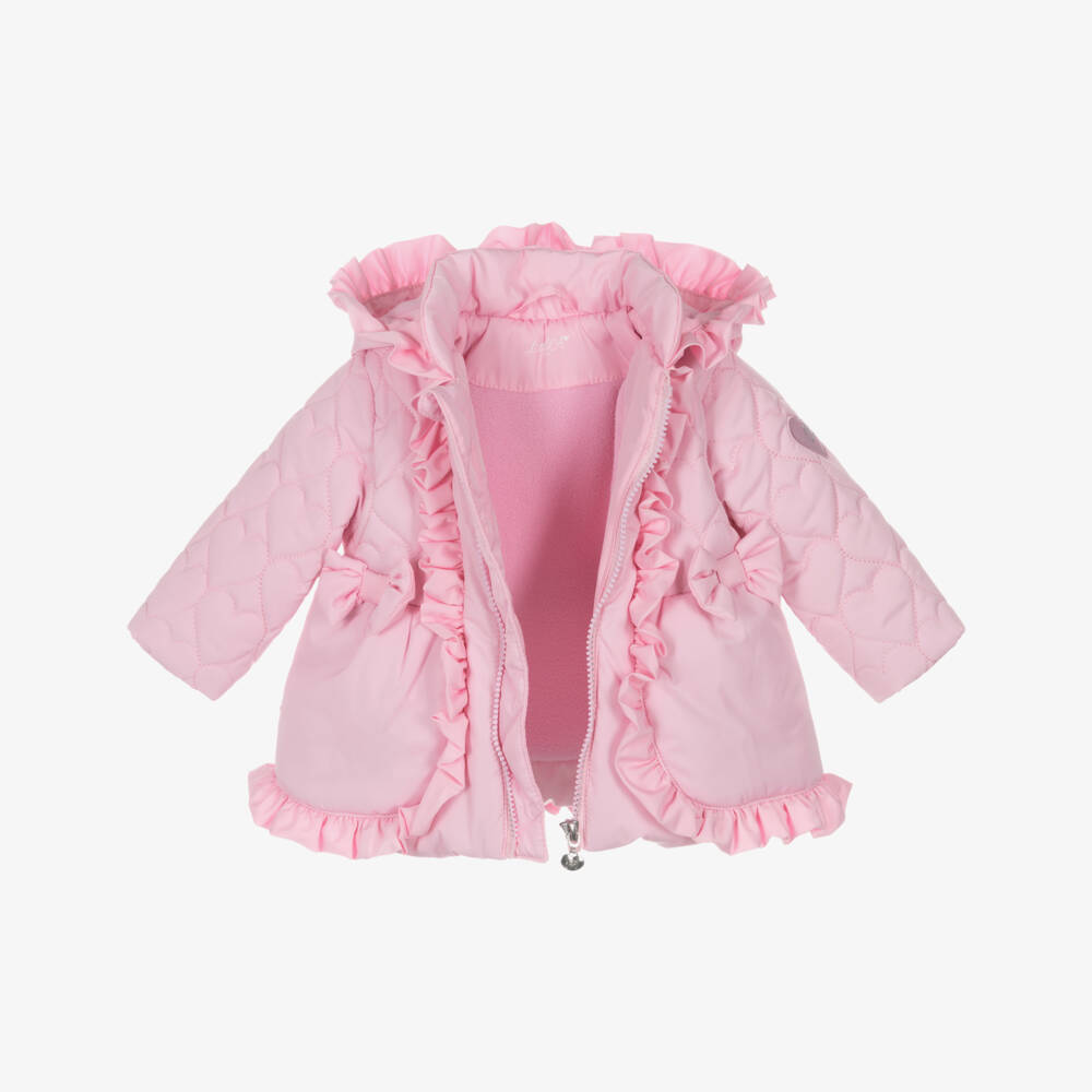 A Dee-Girls Pink Hooded Puffer Coat with Ruffles & Hearts | Childrensalon Outlet