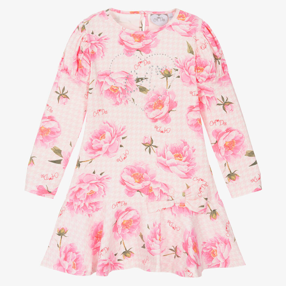 A Dee - Girls Pink Houndstooth Floral Dress | Childrensalon