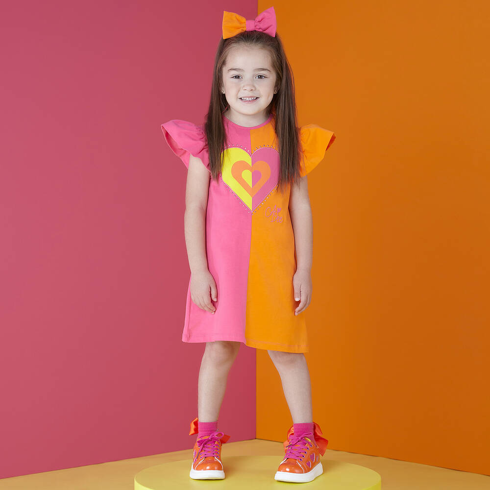 A Dee-Girls Pink & Orange Cotton Heart Dress | Childrensalon Outlet