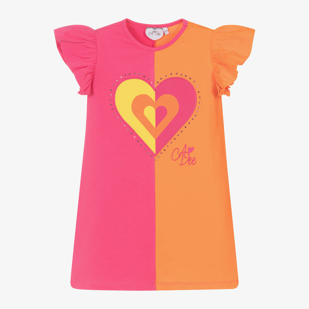 A Dee-Girls Pink & Orange Cotton Heart Dress | Childrensalon Outlet