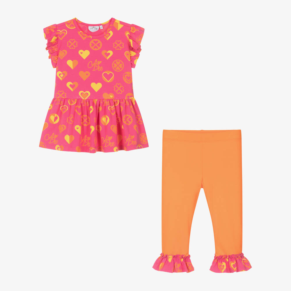 آدي-طقم ليقنز بطبعة قلوب لون برتقالي وزهري | Childrensalon Outlet