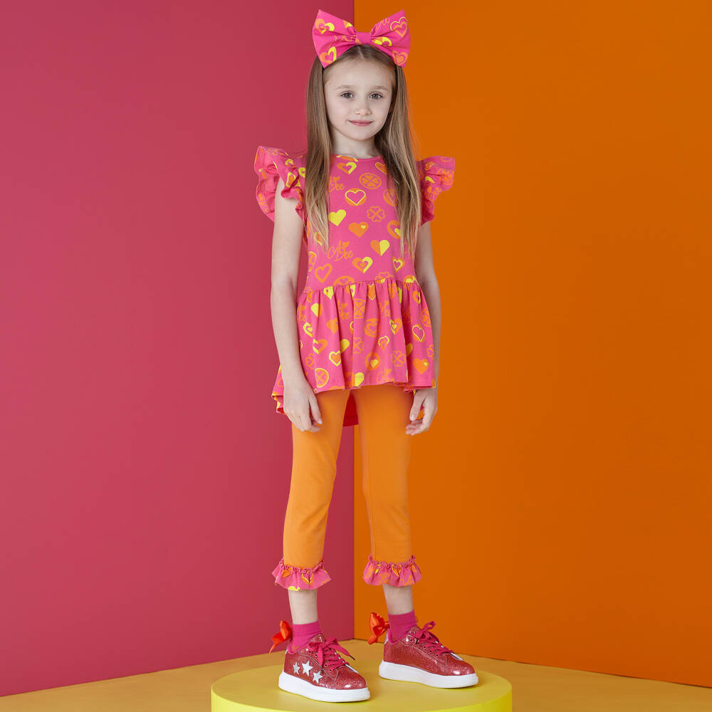 آدي-طقم ليقنز بطبعة قلوب لون برتقالي وزهري | Childrensalon Outlet