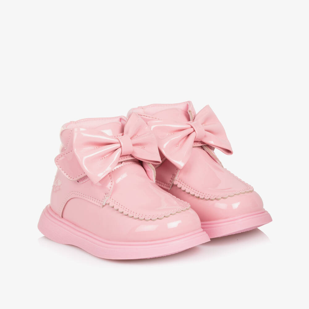 A Dee-Girls Pink Patent Velcro Bow Boots | Childrensalon Outlet
