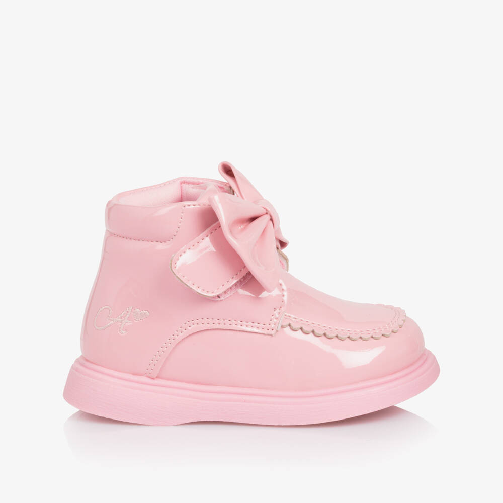 A Dee-Girls Pink Patent Velcro Bow Boots | Childrensalon Outlet