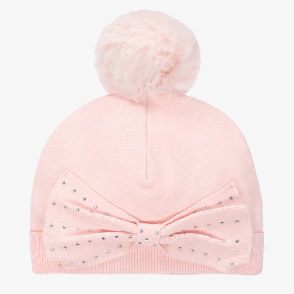A Dee - Girls Pink Pom-Pom Bow Hat | Childrensalon