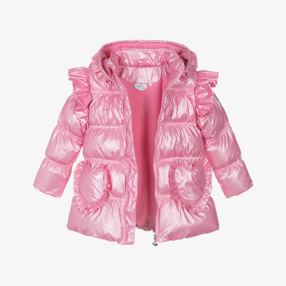 A Dee-Розовый стеганый пуховик с капюшоном и оборками для девочек | Childrensalon Outlet