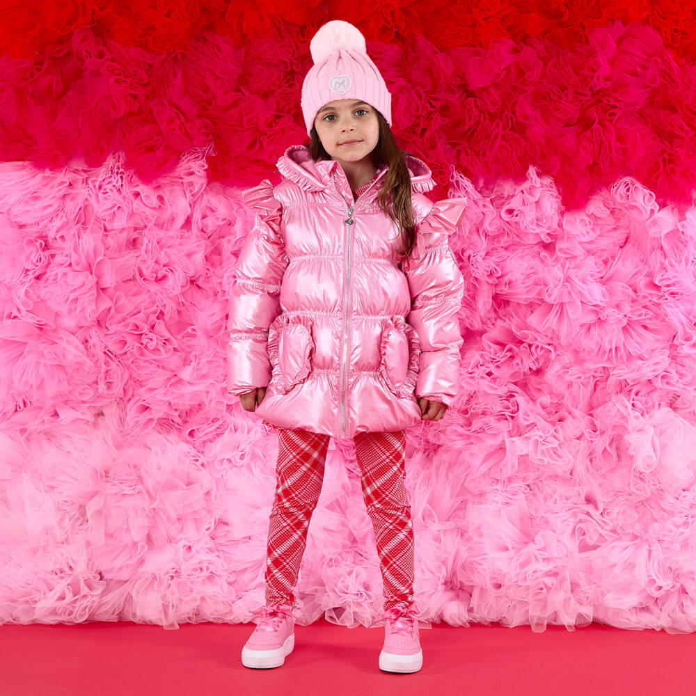 A Dee-Розовый стеганый пуховик с капюшоном и оборками для девочек | Childrensalon Outlet