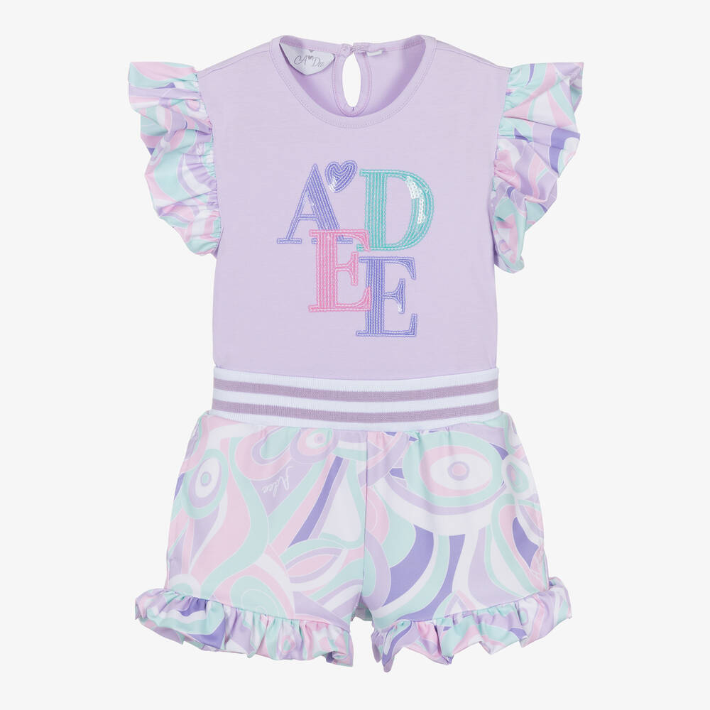 A Dee-Girls Purple Cotton Abstract Shorts Set | Childrensalon Outlet
