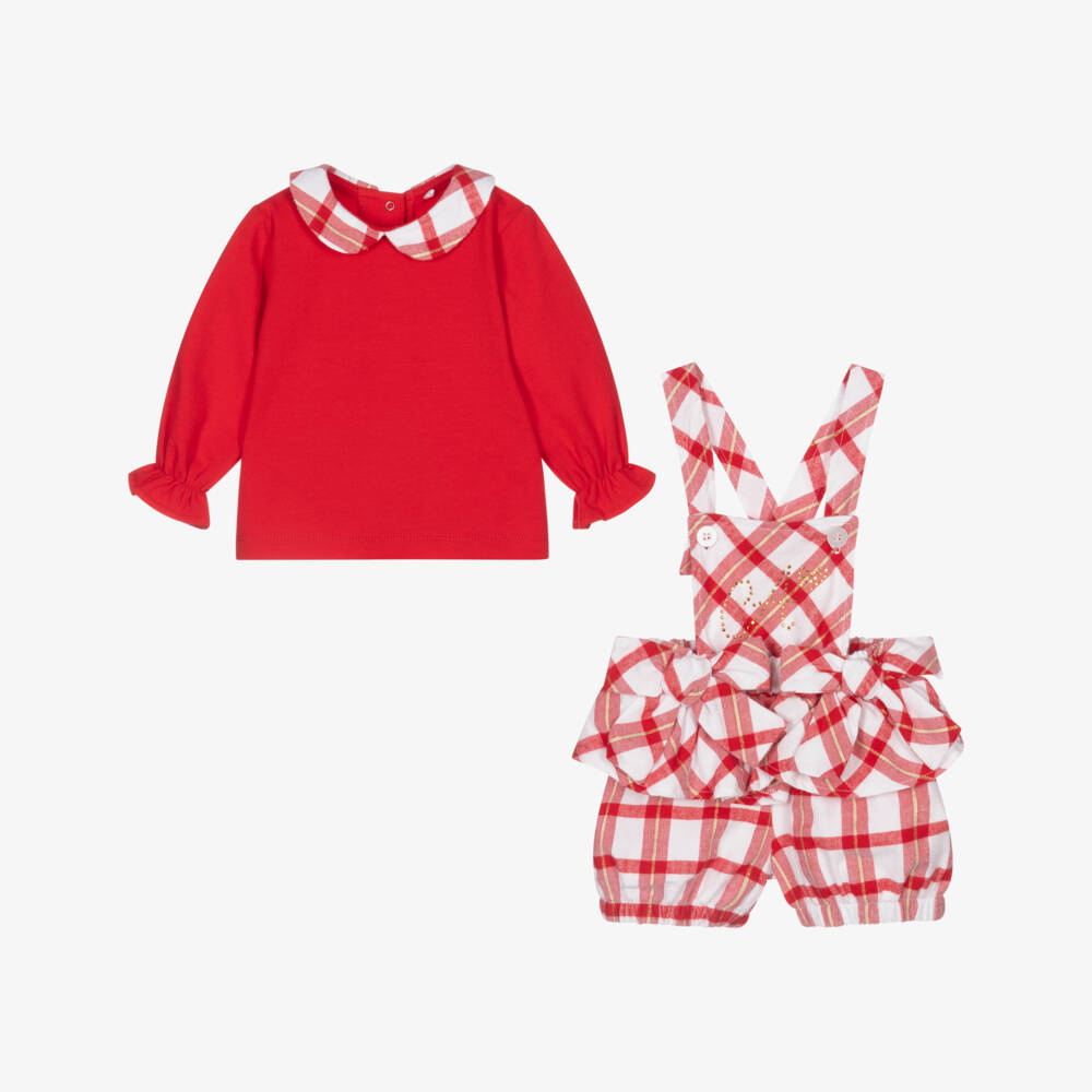 A Dee-Girls Red Check Dungaree Shorts Set | Childrensalon Outlet