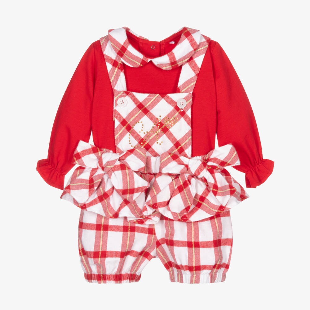 A Dee-Girls Red Check Dungaree Shorts Set | Childrensalon Outlet