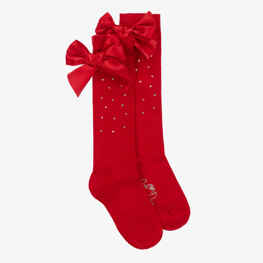 A Dee - Girls Red Cotton Bow & Diamanté Socks | Childrensalon