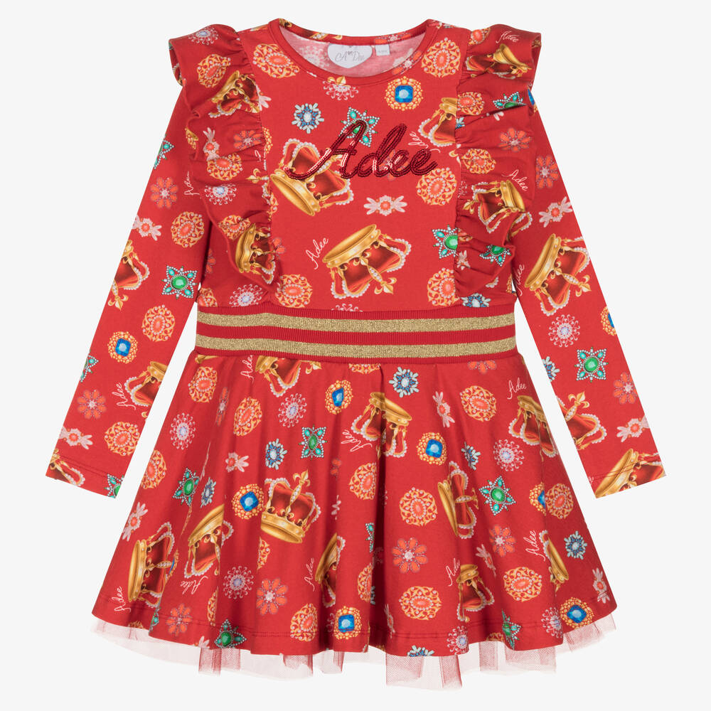 A Dee - Rotes Kleid aus Baumwolle für Mädchen mit Krone und Schmucksteinen | Childrensalon