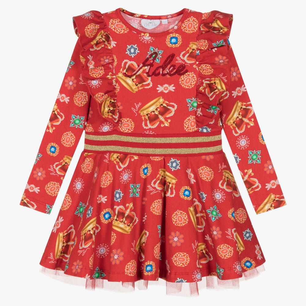 A Dee-Girls Red Cotton Crown & Jewels Dress | Childrensalon Outlet