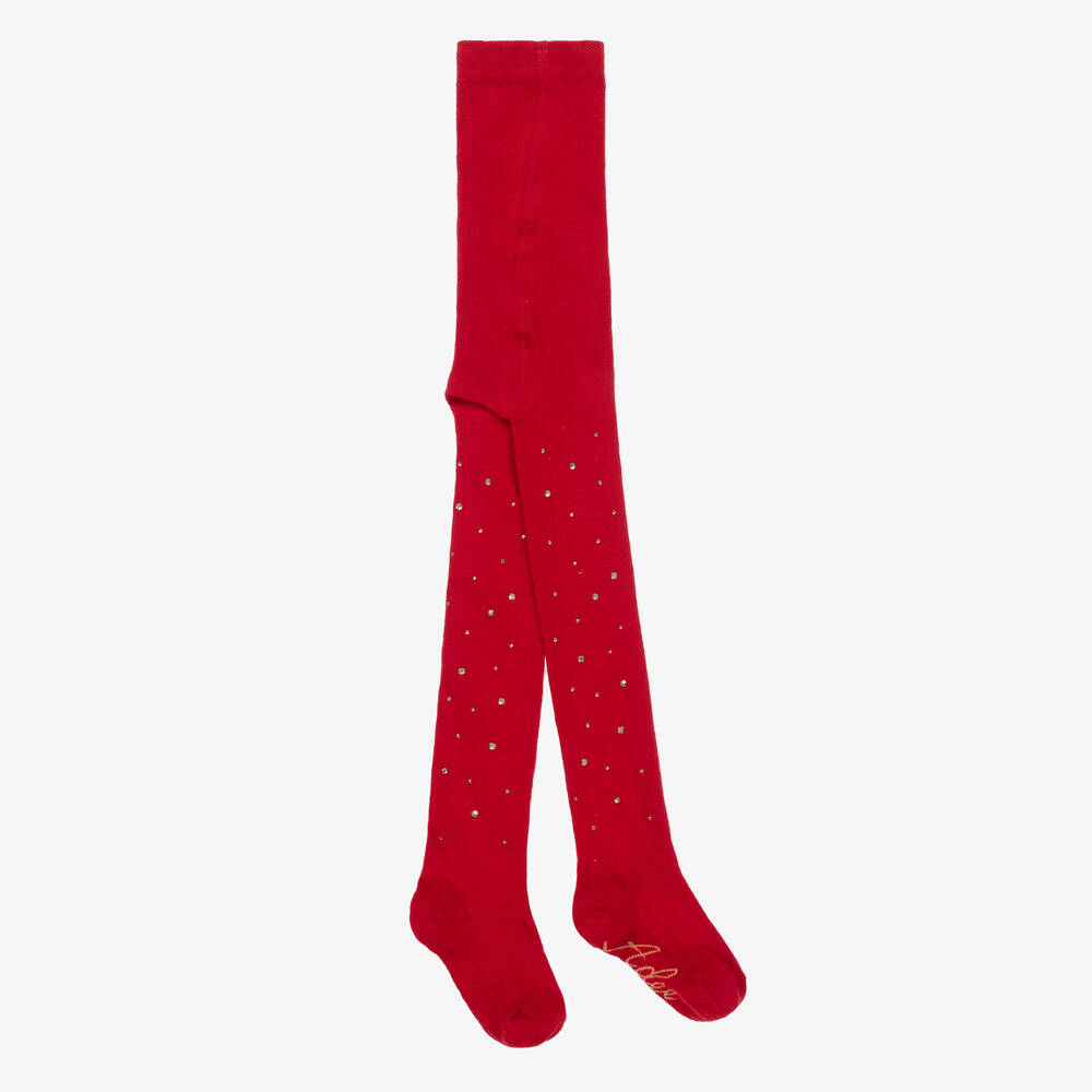 A Dee - Girls Red Cotton Diamanté Tights | Childrensalon