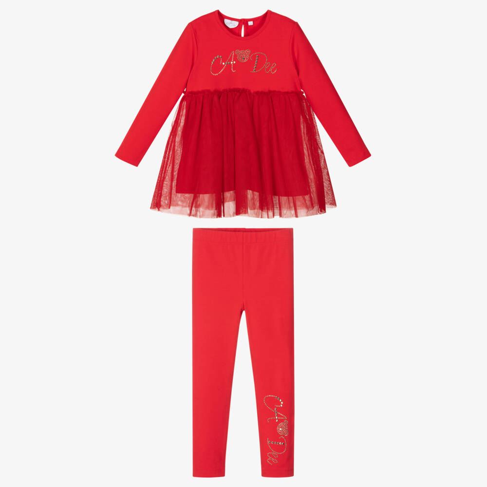 A Dee-Girls Red Cotton & Tulle Leggings Set | Childrensalon Outlet