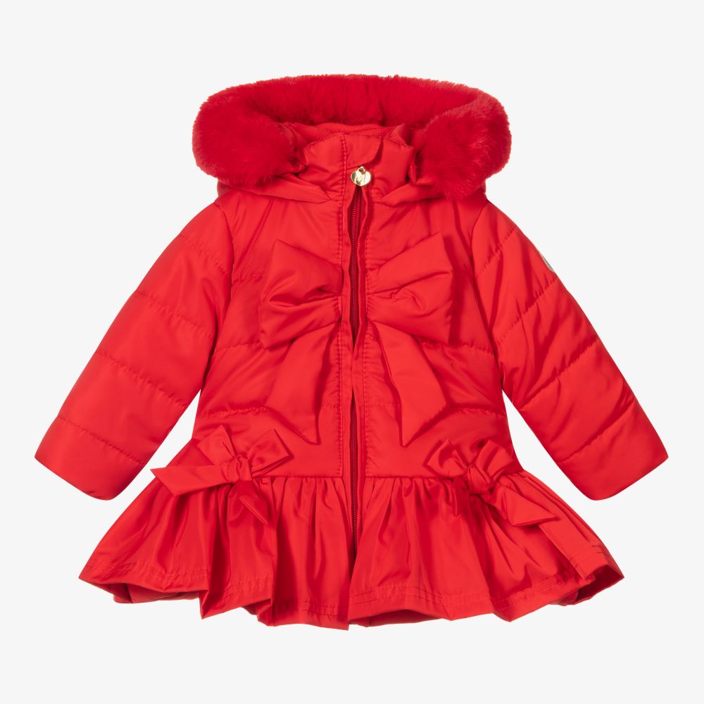 A Dee - Girls Red Hooded Bow Coat | Childrensalon