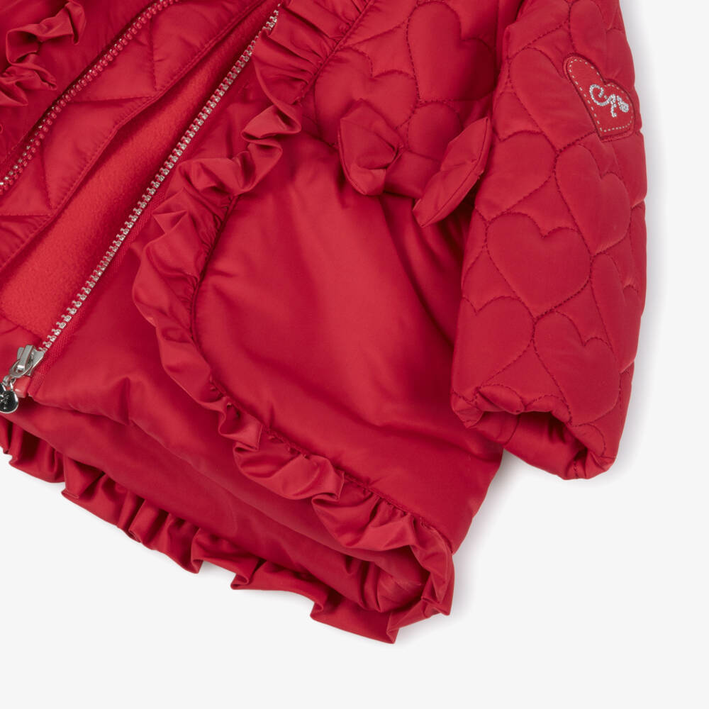 A Dee-Girls Red Hooded Puffer Coat with Ruffles & Hearts | Childrensalon Outlet