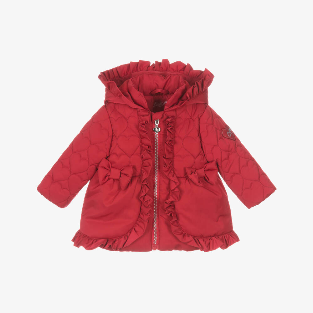 A Dee-Girls Red Hooded Puffer Coat with Ruffles & Hearts | Childrensalon Outlet