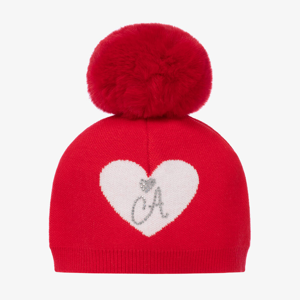 A Dee - Girls Red Knitted Pom-Pom Hat | Childrensalon