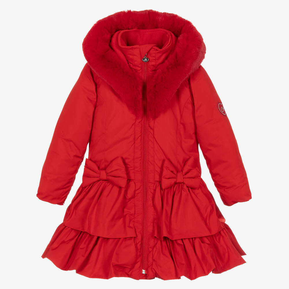 A Dee - Girls Red Padded Ruffle Hooded Coat | Childrensalon