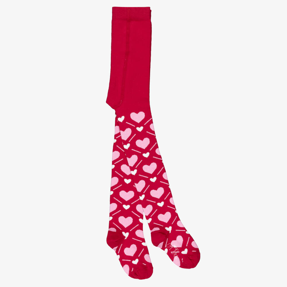 A Dee-Girls Red & Pink Heart Print Tights | Childrensalon Outlet