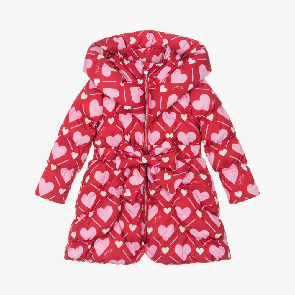 A Dee-Girls Red Puffer Coat with Pink Hearts & Logos | Childrensalon Outlet