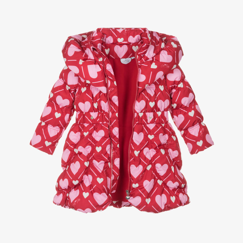 A Dee-Girls Red Puffer Coat with Pink Hearts & Logos | Childrensalon Outlet