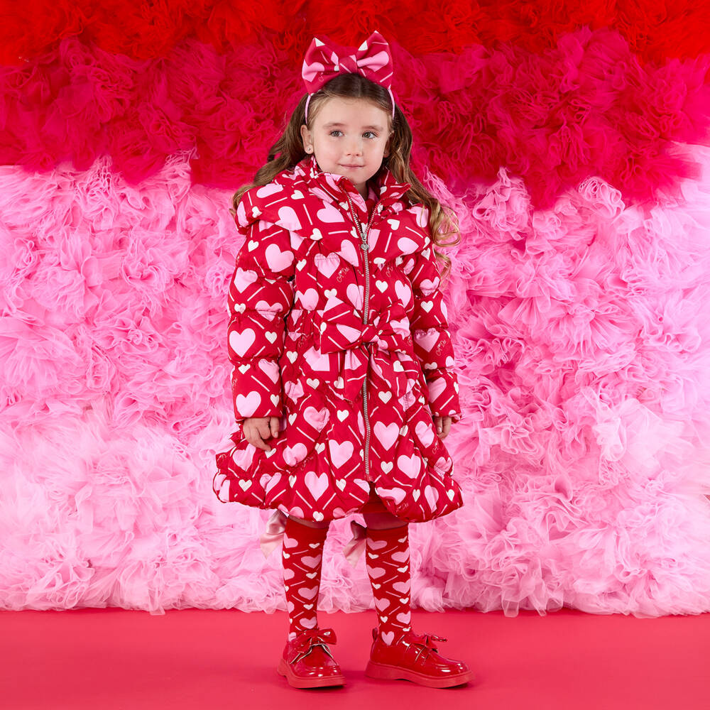 A Dee-Girls Red Puffer Coat with Pink Hearts & Logos | Childrensalon Outlet