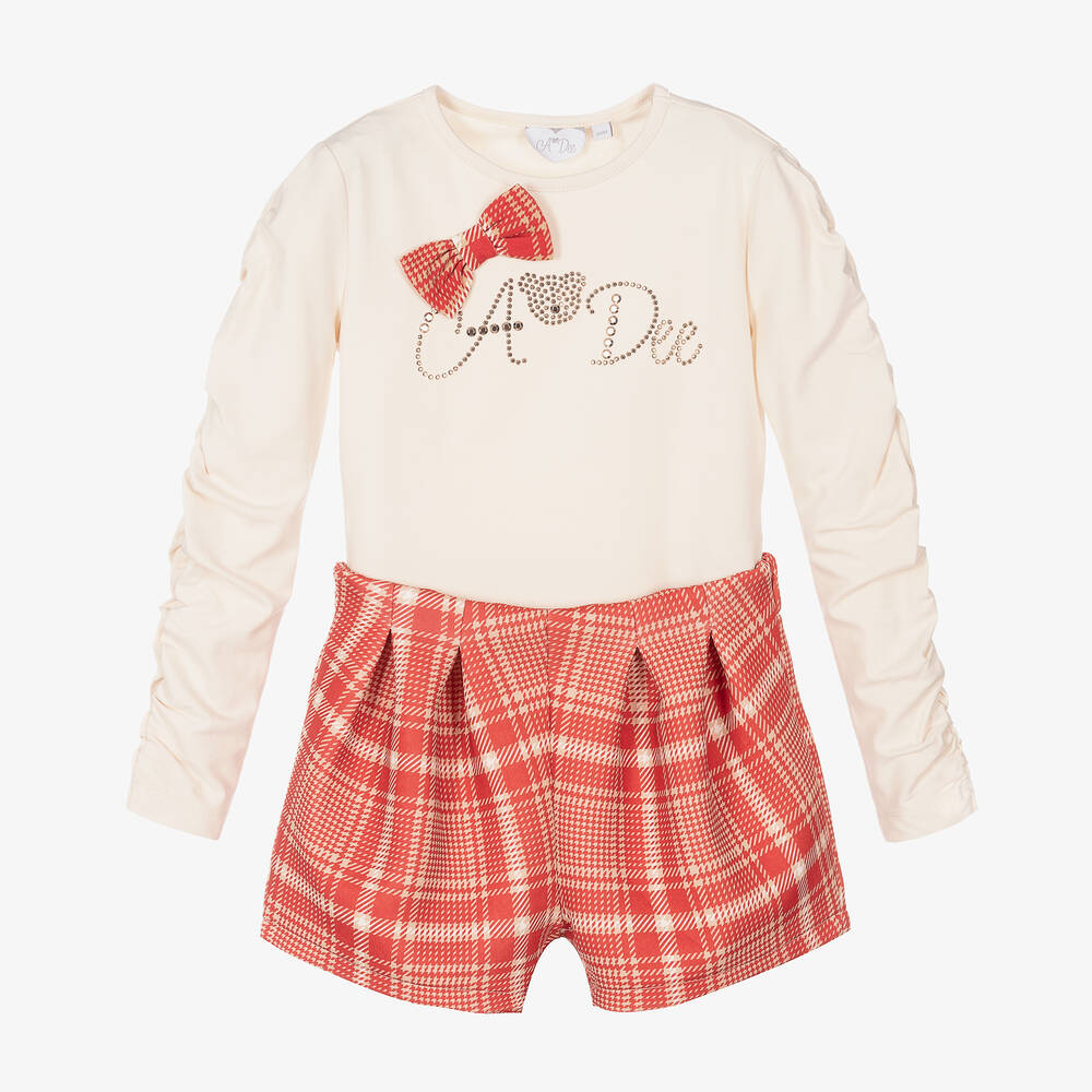 A Dee - Girls Red Tartan Shorts Set | Childrensalon