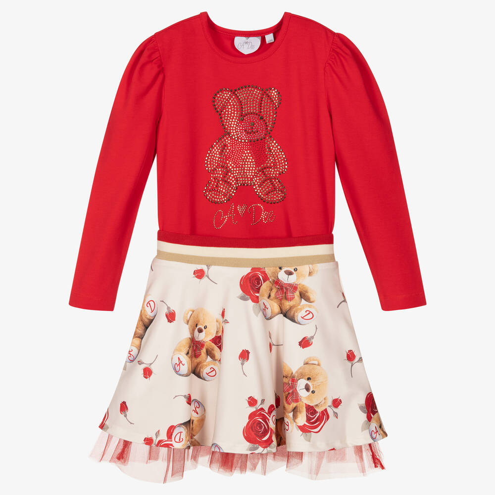 A Dee - طقم تنورة قطن جيرسي لون أحمر وعاجي | Childrensalon