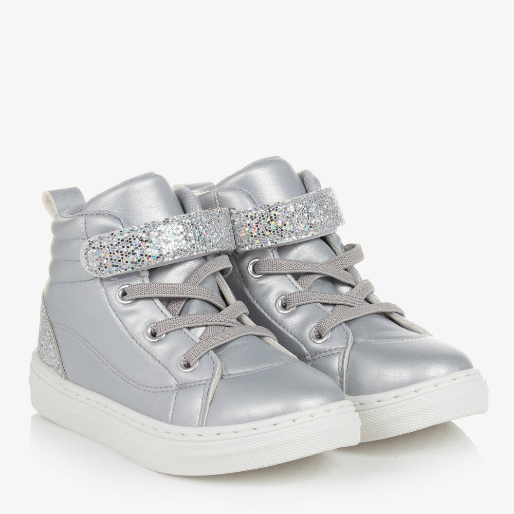 A Dee - Girls Silver Glitter High-Top Trainers | Childrensalon