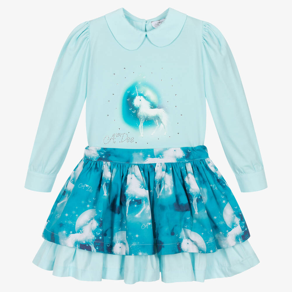A Dee - Girls Turquoise Blue Unicorn Skirt Set | Childrensalon