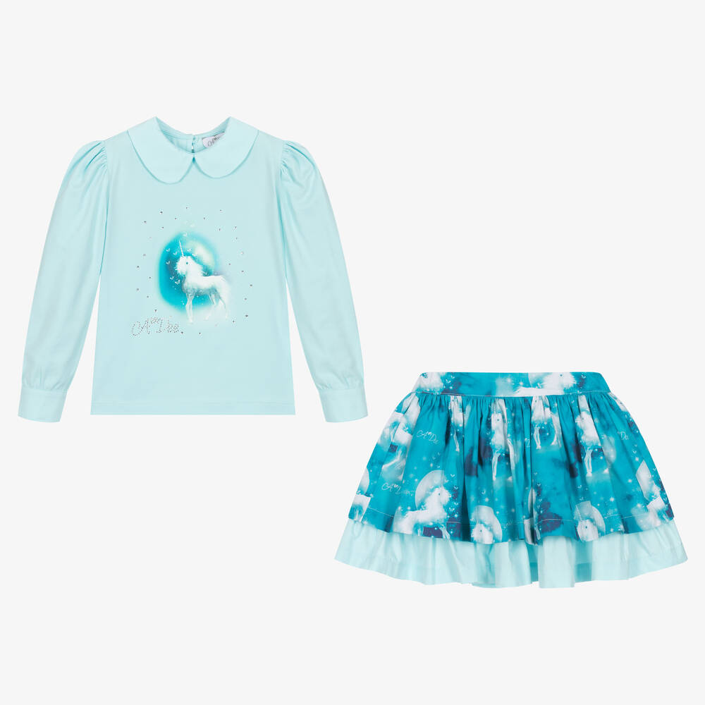 A Dee-Girls Turquoise Blue Unicorn Skirt Set | Childrensalon Outlet