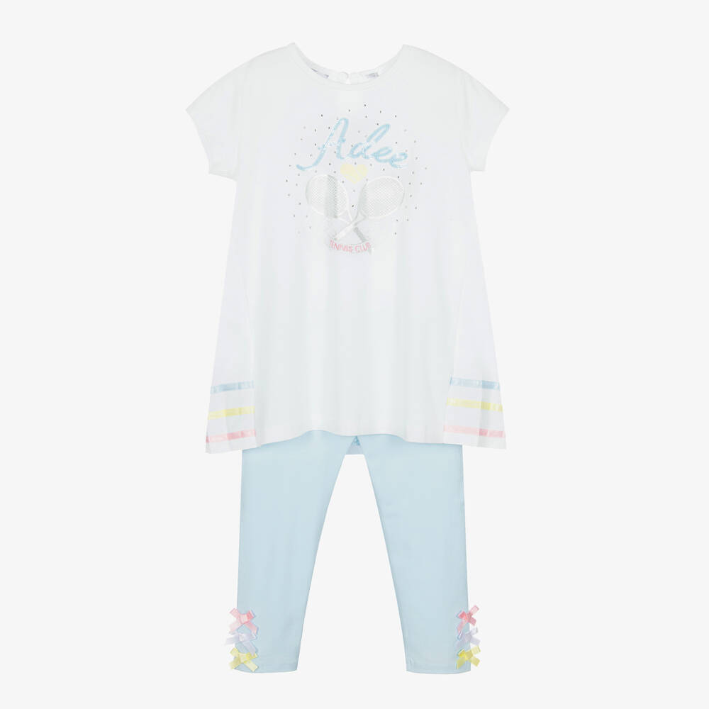 A Dee - Girls White & Blue Cotton Leggings Set | Childrensalon