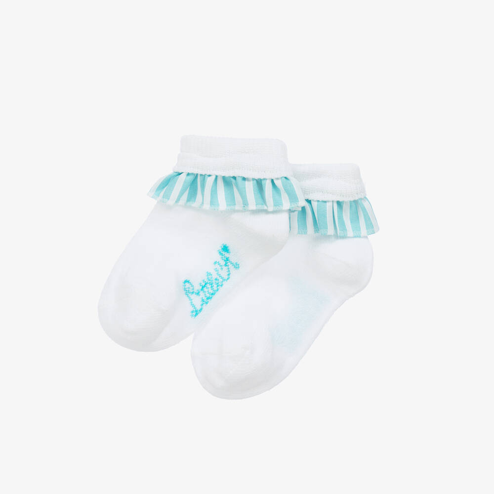 آدي-جوارب مزيج قطن محبوك لون أبيض وأزرق للبنات | Childrensalon Outlet