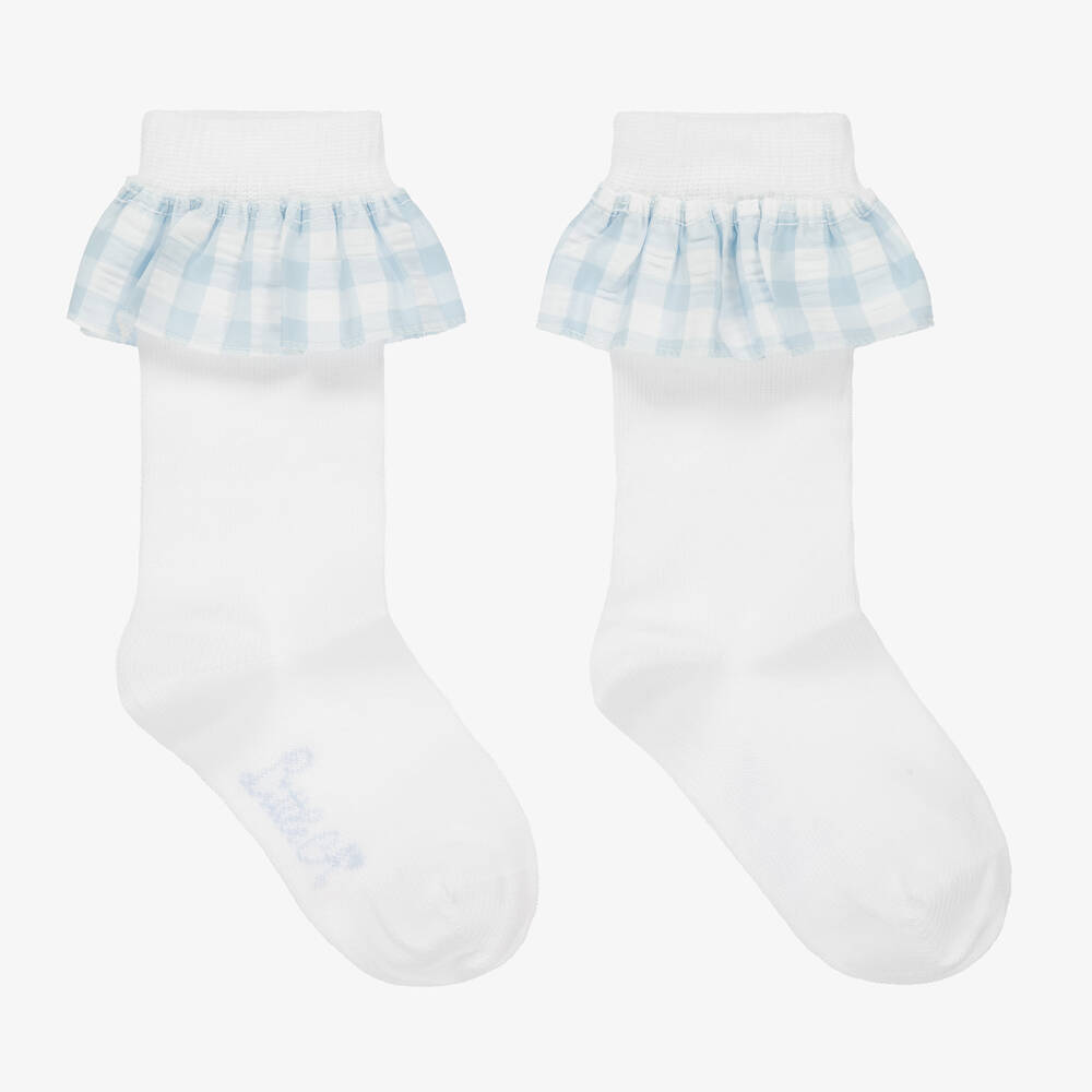 A Dee - Girls White & Blue Ruffle Socks | Childrensalon