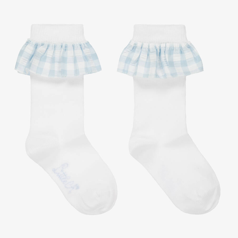 A Dee-Girls White & Blue Ruffle Socks | Childrensalon Outlet