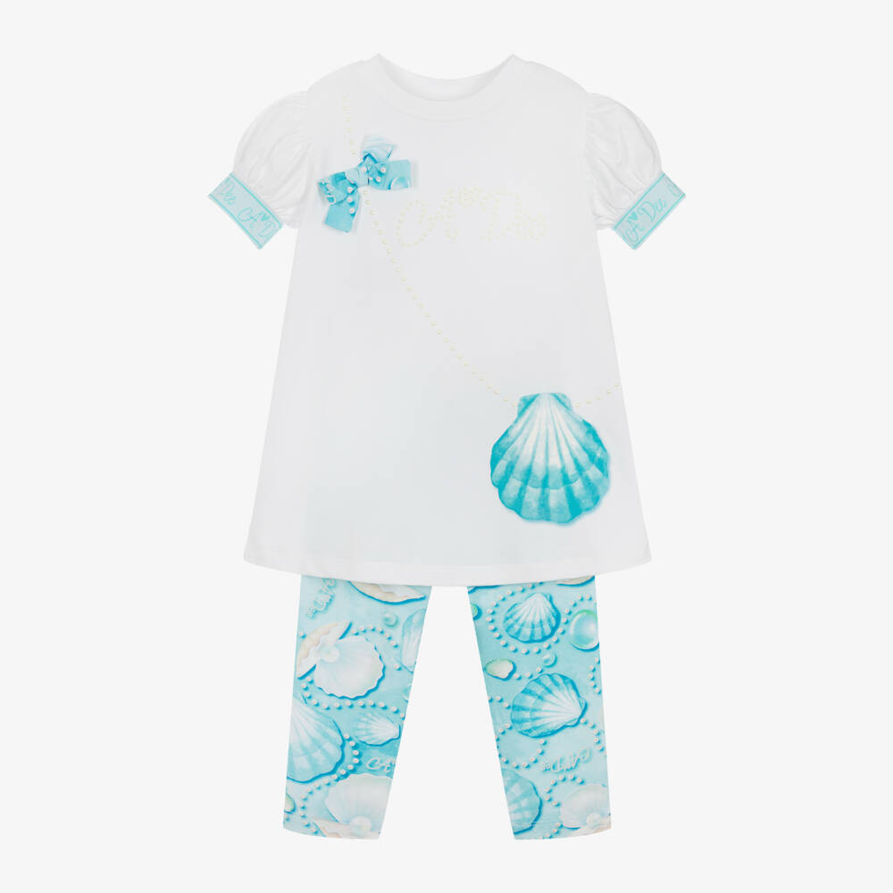 A Dee-Girls White & Blue Seashell Leggings Set | Childrensalon Outlet