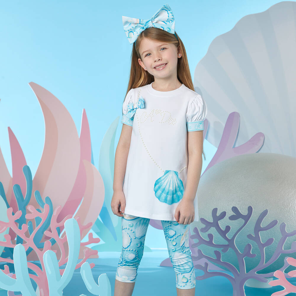 A Dee-طقم ليقنز بطبعة صدف لون أبيض وأزرق | Childrensalon Outlet